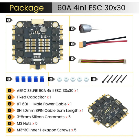 60A 4in1 ESC For FPV Drones With 2S-6S LiPo, including capacitors and cables, lightweight and high performance components package