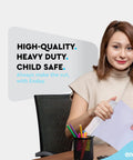Woman using heavy duty 3 hole punch for binders, adjustable 10 sheet metal three hole punch, white finish, home office school.