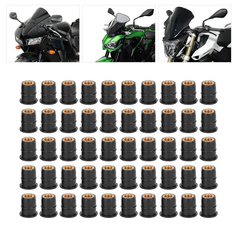 M6x0.8mm Heavy Duty Rubber Well Nuts For Motorcycle Windscreens And Atv Body Fasteners With Captive Brass Inserts To Crush Vibration And Create A Sweet Tight Seal Hella Solid Fifty Piece Black Set display with 50 black well nuts arranged in grid.