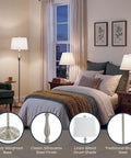 3-Piece Home Lighting Set With Two Table Lamps And One Floor Lamp In Silver Finish displayed in a cozy bedroom setting