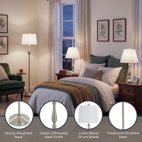 3-Piece Home Lighting Set With Two Table Lamps And One Floor Lamp In Silver Finish displayed in a cozy bedroom setting