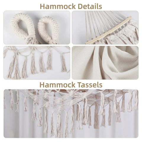Heavy Duty Double Hammock With 500 Lb Load Capacity, Tassel Trim, Fishtail Knit Design, hammock details and tassels