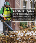 Worker using Beast Gas Backpack Leaf Blower With 75.6cc 4.59-HP 2-Cycle Power, blowing leaves on a sidewalk.