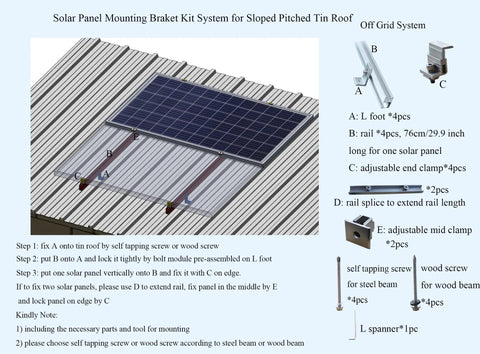Solar Panel Roof Mounting Bracket Kit For Sloped Tin Roof With No Fuss Setup, Vertical Mount For 1 To 2 Panels, 76 cm Rail Length And Extendable Rail With Splice, Durable Tin Roof Mounting System