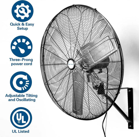 9500 CFM 30-Inch High Velocity Industrial Wall Fan With 3-Speed Wall Mount Oscillation for garage, warehouse, UL listed