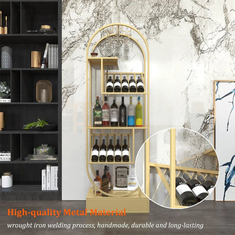 Sleek O Shape Floor Standing Wine Rack With Glass Shelves Boss Level Industrial Storage For Home Bars And Kitchens Kickback Ready Stemware Display Unit Heavy Duty Design That Gets The Job Done, with bottles organized on a golden metal frame.