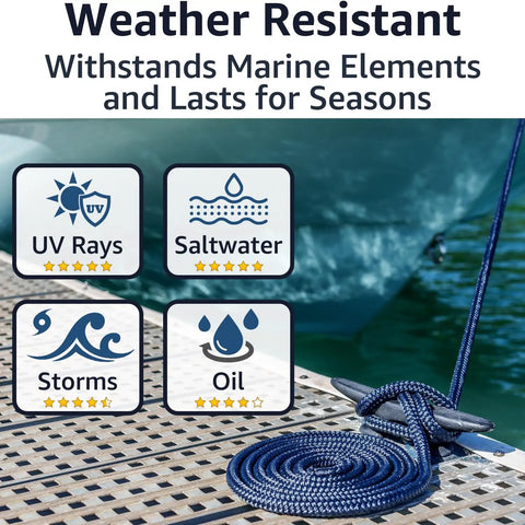 Two Pack Double Braided Three Eighth Inch Dock Lines Nylon Boat Ropes For Docking With Twenty Foot Length And Twelve Inch Spliced Eye Beefy Marine Rope Soft And Durable For Pontoon And Small Boats Navy Blue coiled on a dock with weather resistance icons.