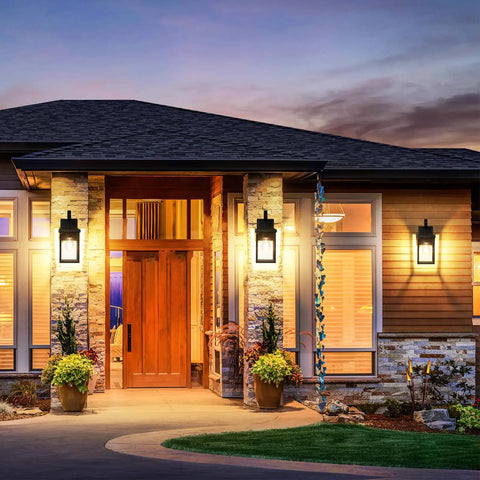 Premium Black Outdoor Wall Light Fixtures Built Different For Any Season Porch Sconces illuminating a modern home entrance.