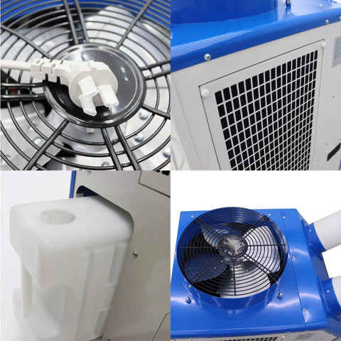 Heavy Duty Rolling Industrial Spot Cooler With 14L Reservoir And Adjustable Vents Delivers Straight Up 18700 Btu showing fan and reservoir details.