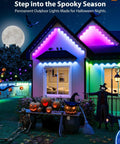 House decorated with Smart RGB IC Outdoor Lights For House And Garden App And Remote Control Scene Modes IP67 Waterproof 200ft Epic Vibe Holiday Decor For Christmas Valentines Day Parties, showcasing Halloween theme with pumpkins and purple lighting.