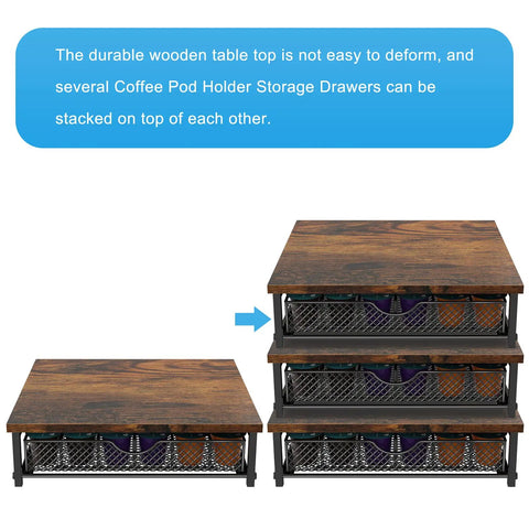 Sturdy Wood And Metal Pod Drawer Organizer For K Cup Pods 36 Capacity Storage With Sliding Baskets showing stackable use