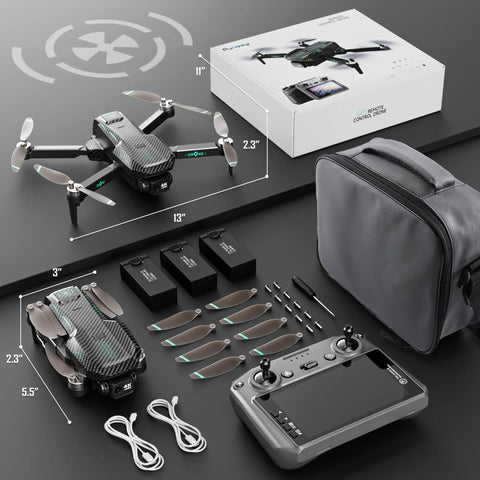 Foldable Drone With 4K Camera For Adults And Beginners, FPV RC Quadcopter With GPS Follow, Auto Return, Circle Fly, 90 Minute Flight Time, Brushless Motors, Lightweight Design With 5 Inch LCD Tablet Screen Included shown with accessories and packaging.