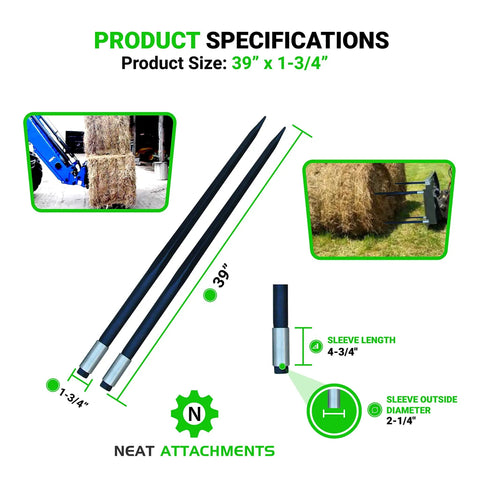 39 Inch Hay Bale Spear With 3000 Lb Capacity Heavy Duty Square Forged Bale Spike Weld In Sleeve One And Three Quarters Inch Conus Mount Tapered Tip Hex Nut For Easy Penetration And Quick Bale Handling