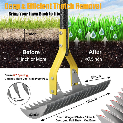 Heavy Duty Pro Grade Thatch Rake For Lawns 15 Inch Dual Action Dethatcher With Sharp Blade For Dead Grass Removal And Soil Loosening Lawn Dethatching 70 Inch Manual Thatcher For Yard Garden And Lawn showing 15-inch head with steel tines and blade.