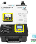 Compact 4 Gas Monitor USB Rechargeable in protective case with manual, factory calibration certificate, and accessories visible