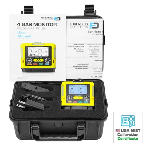 Compact 4 Gas Monitor USB Rechargeable in protective case with manual, factory calibration certificate, and accessories visible