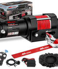 Beefy 3500 Lb ATV UTV Winch With 12V DC Motor Synthetic Rope Wireless Remote Wired Switch Fairlead And Mounting Plate Waterproof Portable Tow Winch For Jeeps Trucks Trailers And Off Road Adventures, shown with rope hook and accessories