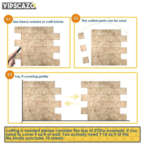 Instructions for cutting and arranging Peel And Stick Backsplash Tile 12x12 Real Stone Texture With Specular Reflective Finish.