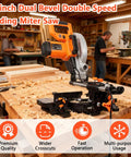 Heavy Duty 10 Inch Sliding Miter Saw With Dual Speed Motor And Razor Sharp Carbide Blade For No Sweat Cuts Quick Angle Adjustments Smooth Operator Build Etl Certified Power Tool on a woodworking bench.