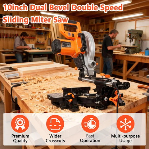 Heavy Duty 10 Inch Sliding Miter Saw With Dual Speed Motor And Razor Sharp Carbide Blade For No Sweat Cuts Quick Angle Adjustments Smooth Operator Build Etl Certified Power Tool on a woodworking bench.