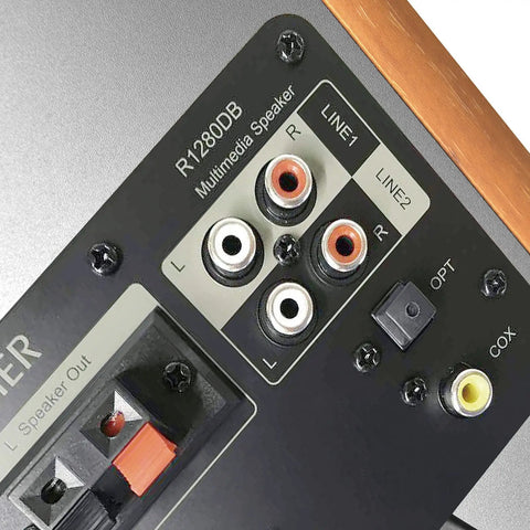 Rear audio input panel of Bluetooth Bookshelf Speakers With Optical Input, showcasing RCA and optical connections.