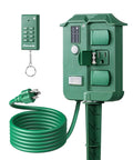 Outdoor Power Stake Timer With Six Grounded Outlets, Six Ft Extension Cord, 100 Ft Wireless Remote, Dusk To Dawn Photocell