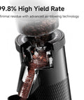 Badass Hella Precise Electric Burr Coffee Grinder With Robust Aluminum Body And Slick Single Dose Design Featuring 36 Crisp Grind Settings For Serious Home Baristas showing coffee beans and ground coffee.