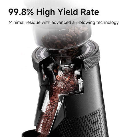 Badass Hella Precise Electric Burr Coffee Grinder With Robust Aluminum Body And Slick Single Dose Design Featuring 36 Crisp Grind Settings For Serious Home Baristas showing coffee beans and ground coffee.