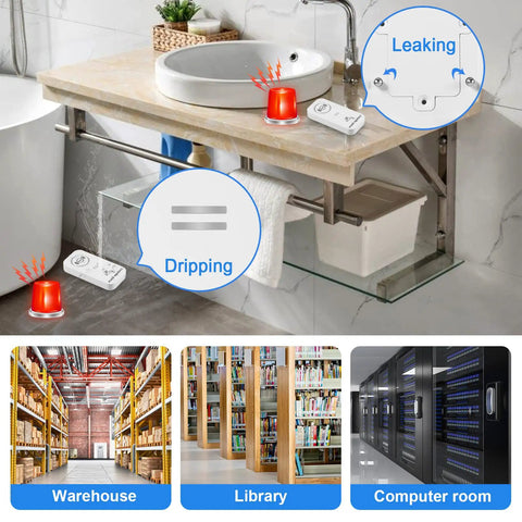 Wireless Water Leak Detectors With 90dB Alarm, Ultra Sensitive Leak And Drip Heads Up For Kitchen, Bathroom, And Basement, 3 Pack, Dual Front Probe And Dual Back Probes For Quick Warnings