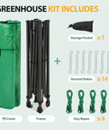 8x6 Portable Walk In Greenhouse Pop Up Indoor Outdoor Garden Shelter Kit With Zippered Doors And Windows PE Cover Clear Green No Tools Needed Center Lock Quick Setup showing PE cover, frame, stakes, ropes, pocket.