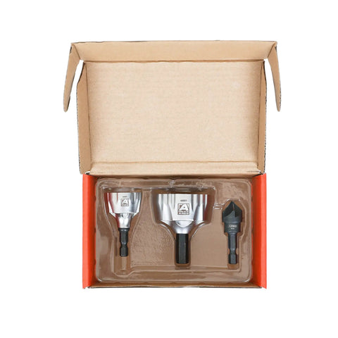 Three Piece External and Internal Rotary Deburring and Chamfer Tool Kit in open box showing three tools