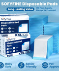 Heavy Duty Extra Large Disposable Bed Pads 36X36 Inches 100 Count, stacked pads in blue packaging for adult incontinence and dog training.