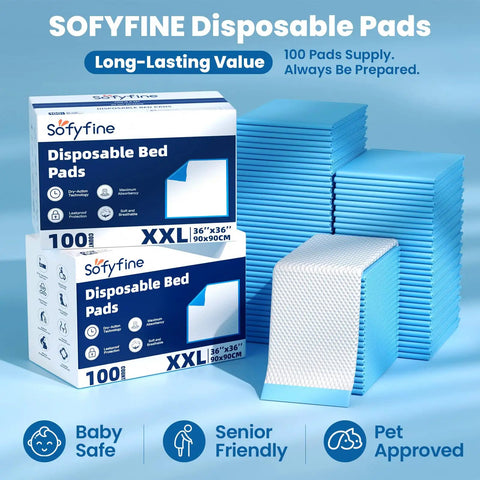 Heavy Duty Extra Large Disposable Bed Pads 36X36 Inches 100 Count, stacked pads in blue packaging for adult incontinence and dog training.