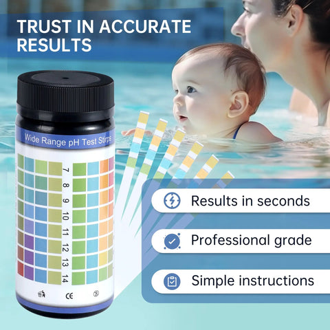 pH Test Strips 0 to 14, 100 Universal Litmus Paper for Quick pH Checks in Liquid Water Food Urine and Saliva, Easy pH Level Testing with Rapid Results in Seconds, shown with color scale.