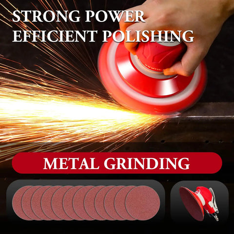 High Speed 5mm Orbit Pneumatic Orbital Sander Pro Grade For Auto Body, Woodworking, And Metal Sanding in action on metal surface.