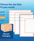 Ultra Absorbent 23x36 Incontinence Underpads with Adhesive Strips, size guide showing 23x36 inch pads among various sizes.
