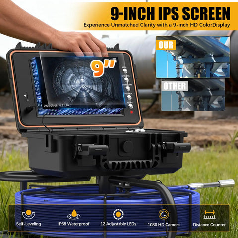 Heavy Duty 165 Ft Self Leveling Sewer Camera With 9 Inch HD Screen And 1080P Video Recorder for clear pipe inspections.