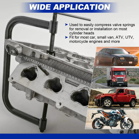 Valve Spring Compressor And Lapping Set With 4 Suction Plates For Motorcycles ATVs Cars And Small Engines Heavy Duty C Clamp Service Kit Pro Grade Valve Tool Kit Blue in use on cylinder head with vehicle images.