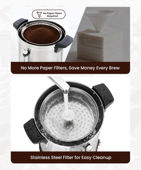 40-Cup Commercial Coffee Urn With Percolator, 6L Electric Coffee Pot with stainless steel filter for easy cleaning, top view