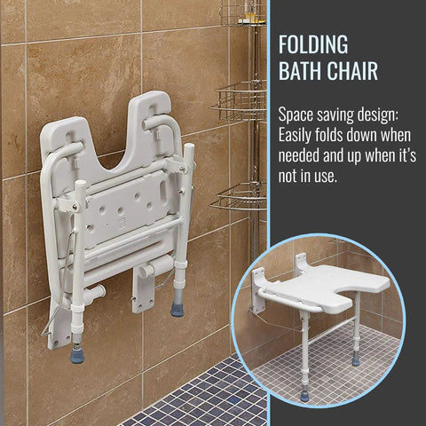 Wall Mount Fold Away Shower Chair With Adjustable Legs 16 By 16 Inch White Bath Seat Bench mounted folded against wall.
