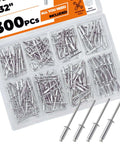 300 Piece 5/32 Inch Aluminum Blind Rivets Kit With Four Lengths 1/4 5/16 3/8 1/2 Inch Dome Head Open End Rivets Steel Mandrel