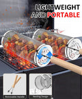 Rolling Grill Basket Set For Dad And Grill Masters, with Removable Wooden Handle, ideal for BBQ vegetables on stainless steel mesh.