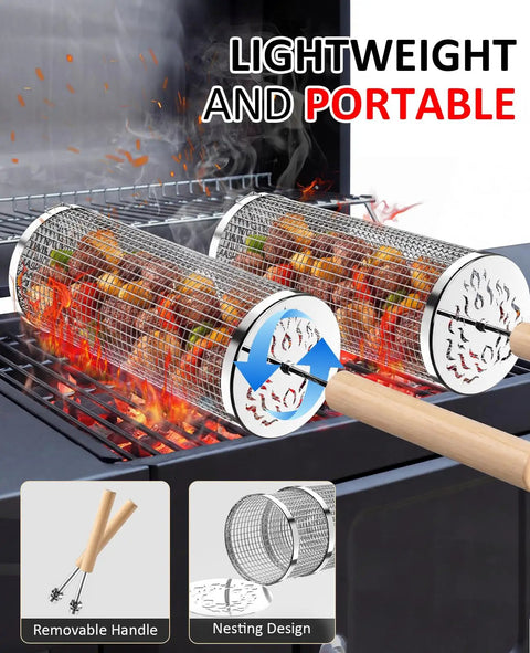 Rolling Grill Basket Set For Dad And Grill Masters, with Removable Wooden Handle, ideal for BBQ vegetables on stainless steel mesh.