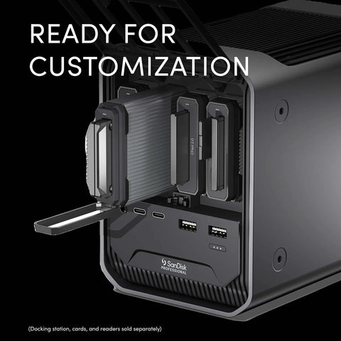 Professional four bay docking station with Thunderbolt and USB C ports for fast offloading in a gray chassis.