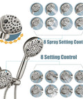 Dope Dual Shower Head And Handheld Spray System In Brushed Nickel Finish Rain Shower Head Kit With 8 Settings Pressure Rough In Valve Included ABS Construction Easy DIY Upgrade For Modern Bathrooms showing spray settings
