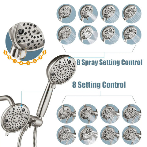 High End Brushed Nickel Tub And Shower Faucet Set Featuring Dual Showerheads And Eight Powerful Massage Jets Includes Full Concealed Wall Valve Kit For Fresh Modern Bathroom Upgrades Built Solid For Everyday Use