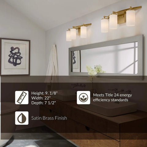 Alturas Three Light Vanity Fixture For Wall And Bath In Satin Brass Sleek 22 Inch Wide shown in modern bathroom setting.