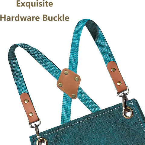 Heavy Duty Cross Back Cotton Canvas Apron With Extra Large Pockets, focus on straps and hardware buckle, dark green fabric