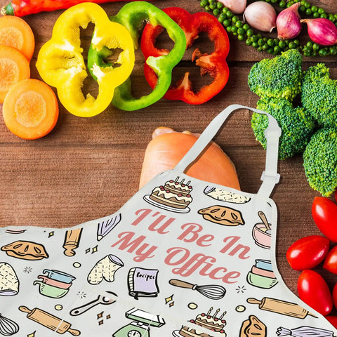 Funny Cooking Pastry Chef Apron With Pockets For Kitchen Lovers I Will Be In My Office Baking Apron next to vegetables on table.