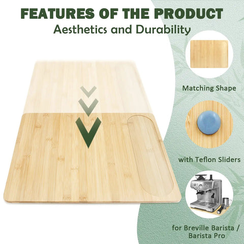 Premium Bamboo Sliding Tray For Small Espresso Machines with Teflon sliders and tool slot, shown with matching shape insert.